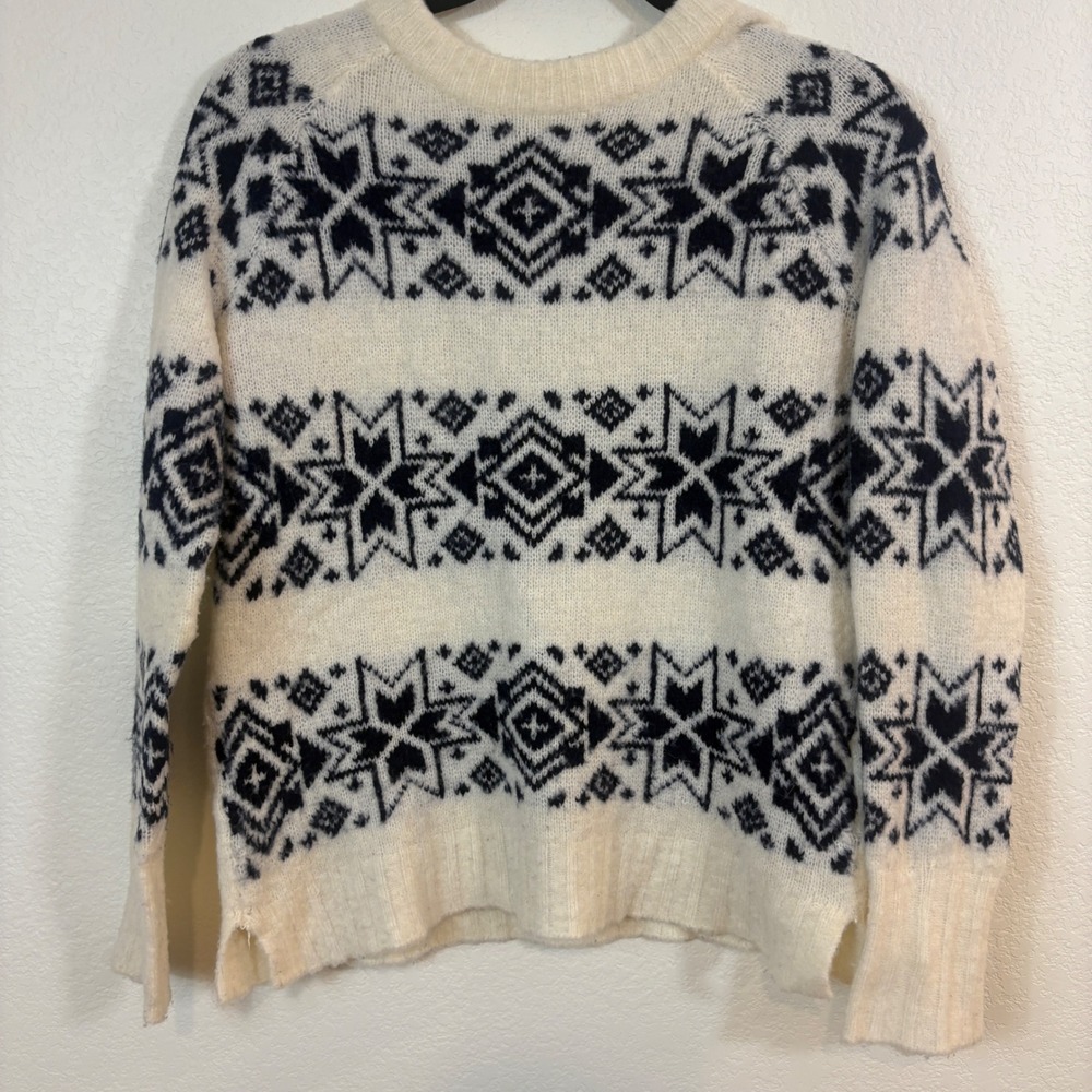 J.Crew Sweater Women S Ivory Fair Isle Wool Blend Crewneck Raglan Winter Festive